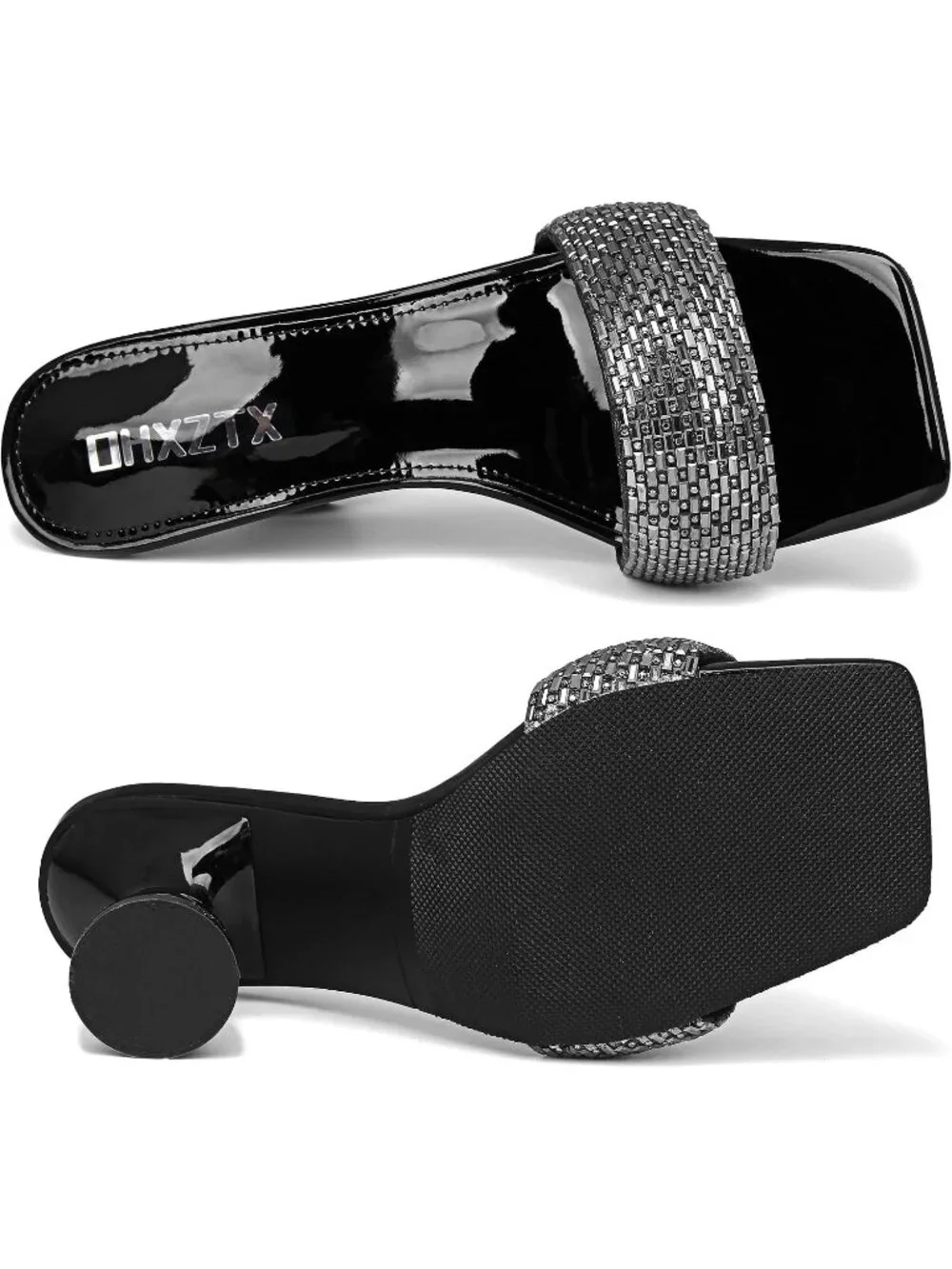 Women's Black Rhinestone Square Open Toe 3.15 IN Square Kitten Heels Sandals